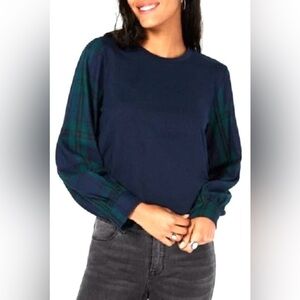Seven Sisters NWT Sz M, Mixed Media Navy and Green Plaid Sleeve Top